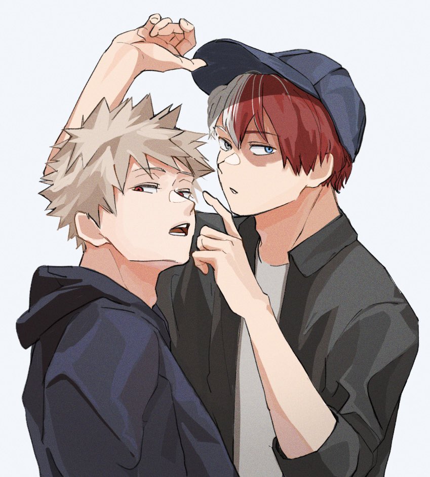 bakugou katsuki ,todoroki shouto multiple boys 2boys red hair male focus hat red eyes blonde hair  illustration images