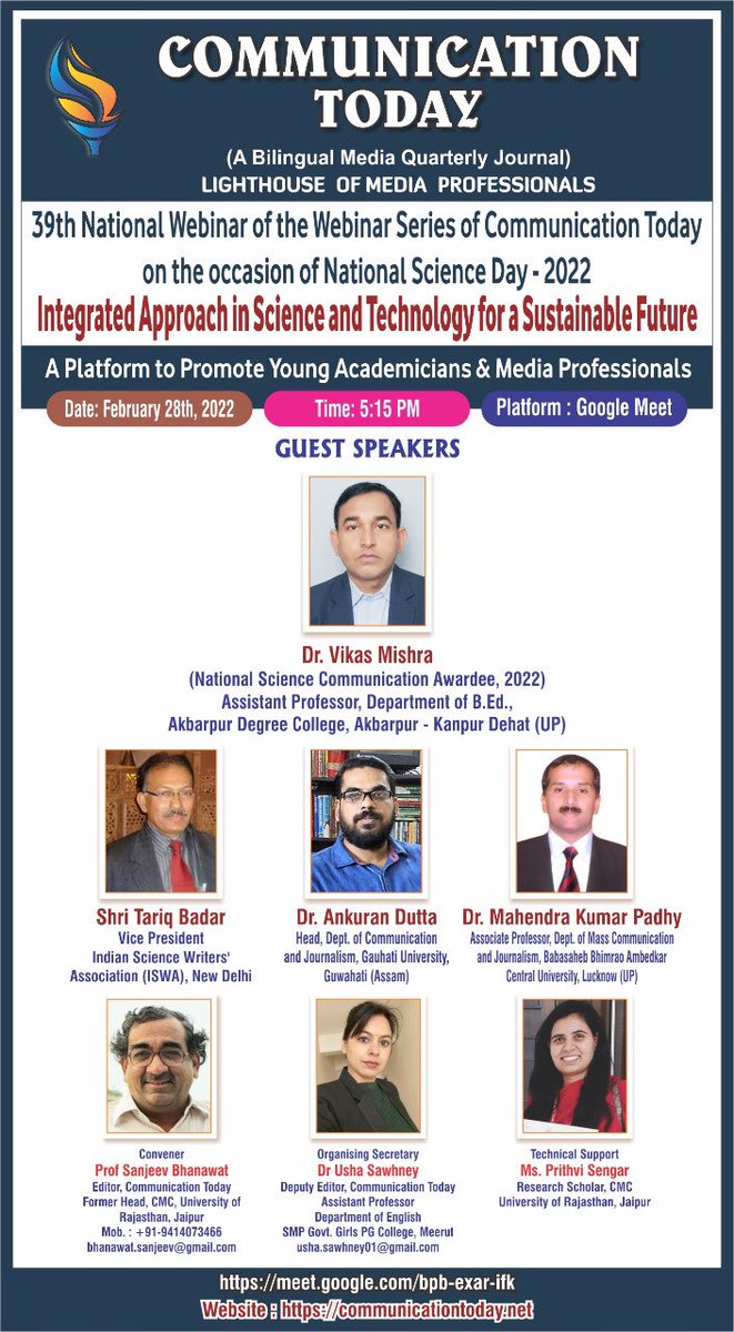 tariq_badar's tweet photo. Please join the Webinar
"Integrated Approach In Science and Technology for a Sustainable Future"
28th February, 2022; 5:15 PM 
Registration link-
https://t.co/ZMPiq6tI14 https://t.co/xiD6qdJBtg https://t.co/Gm0vLgVlL3