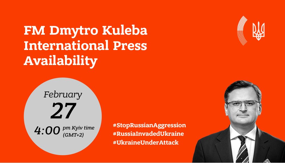 InYourPower1's tweet image. #StandwithUkraine: Online-briefing Invitation / Запрошення на онлайн-брифінг

On Sunday, 27 February 2022, Minister of Foreign Affairs of Ukraine Dmytro Kuleba will speak to the international press on the ongoing Russian invasion of Ukraine.
The… t2p.pw/xIdpBQQkRS