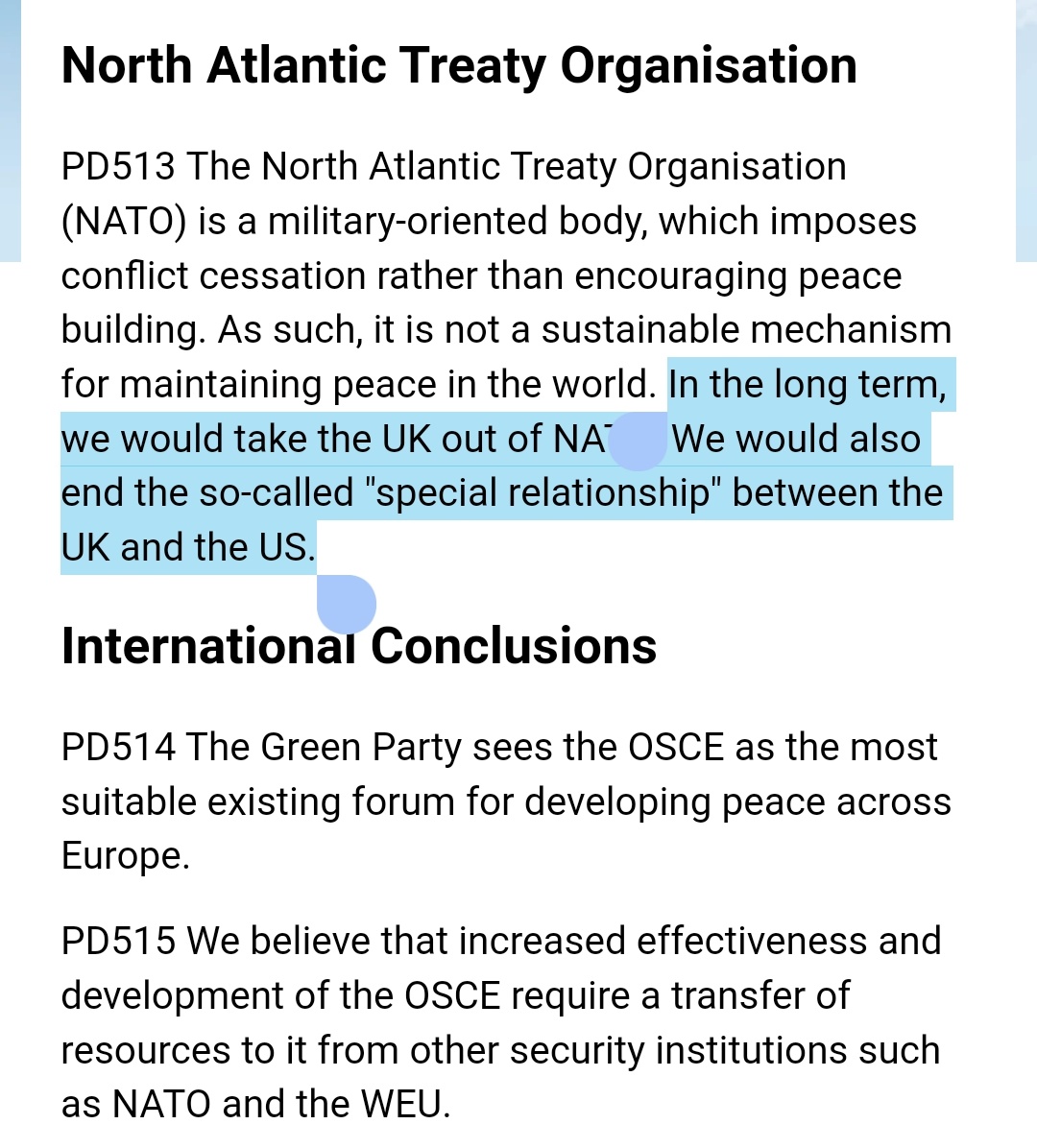 StefGotBooted's tweet photo. It's funny that the Green Party (E&amp;W) position on NATO is very strongly against yet none of the people screeching about nobodies on the internet with similar opinions seem to have anything to say about an actual political party with a sitting MP that also holds those views. https://t.co/1lVQ3twB82