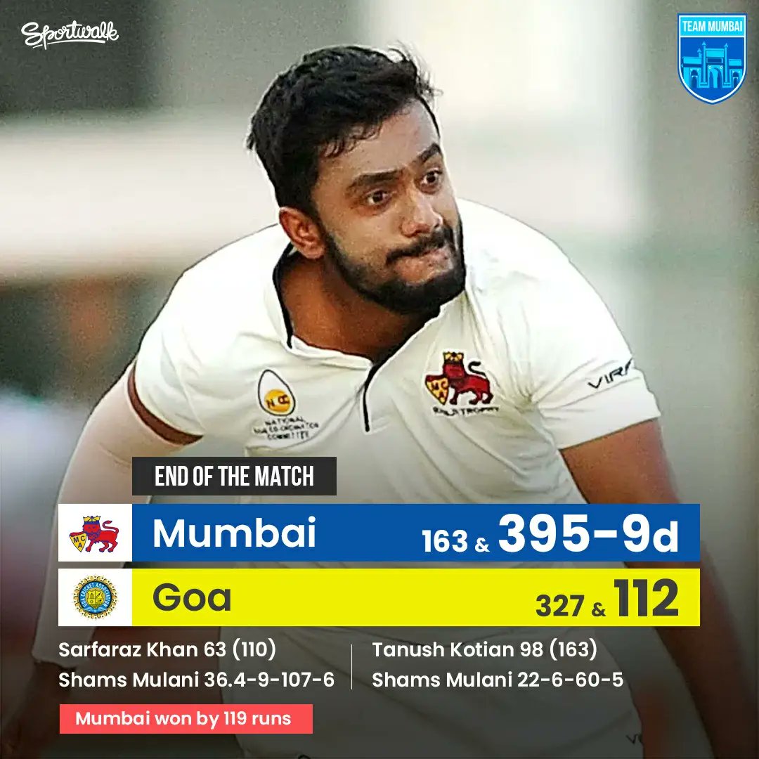 🏟️⚔️ HUGE WIN FOR MUMBAI! Shams Mulani & co. pull off a masterclass with the ball bowling out Goa for 112 runs and gaining 6️⃣ points.

📸 TOI • #ShamsMulani #RanjiTrophy #RanjiTrophy2022 #MumbaiCricket #BCCIDomestic #Sportwalk