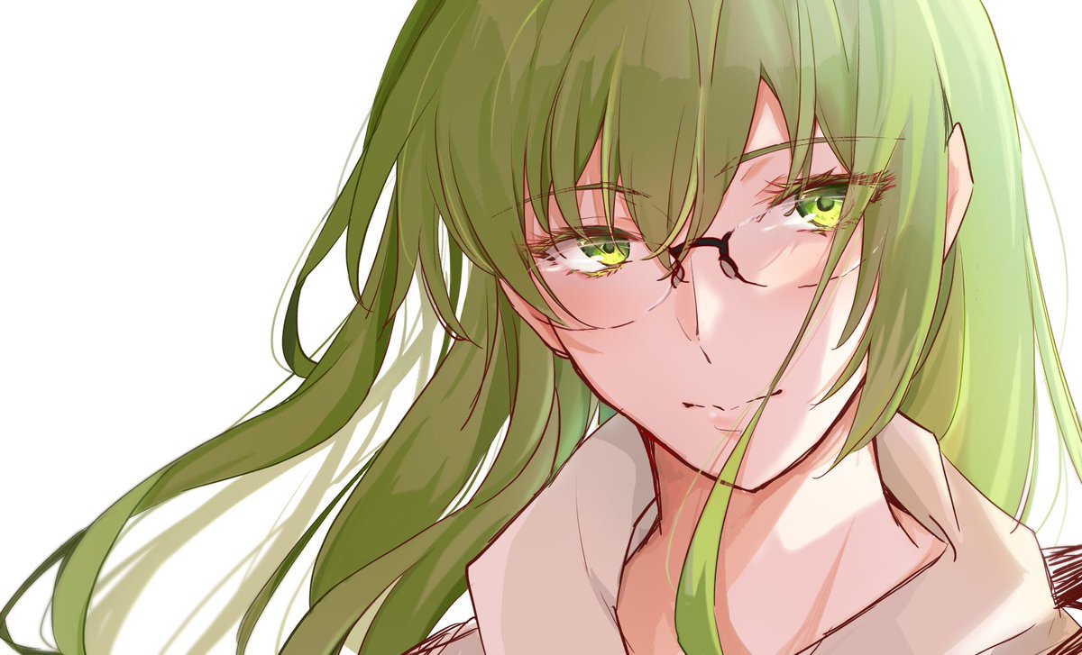 enkidu (fate) green hair long hair solo glasses green eyes androgynous white background  illustration images