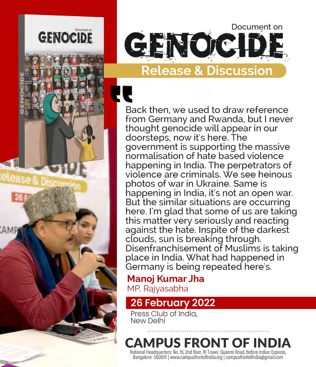 CampusFrontInd's tweet photo. Manoj Kumar jha
MP, Rajyasabha

Document on Genocide
Release &amp; Discussion
@manojkjhadu https://t.co/YbnDyqzfCB