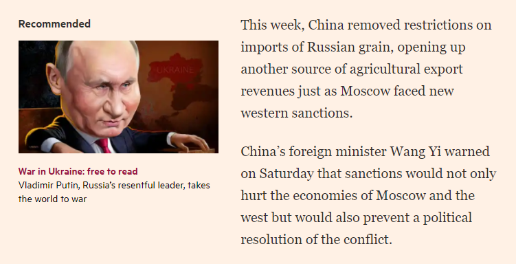 anderscorr's tweet image. While the rest of the world is sacrificing their markets to impose sanctions on Russia and #StandWithUkraine, China is doing the opposite: it just lifted restrictions on Russian grain imports. (Snip from the FT) #SanctionRussia #SanctionChina