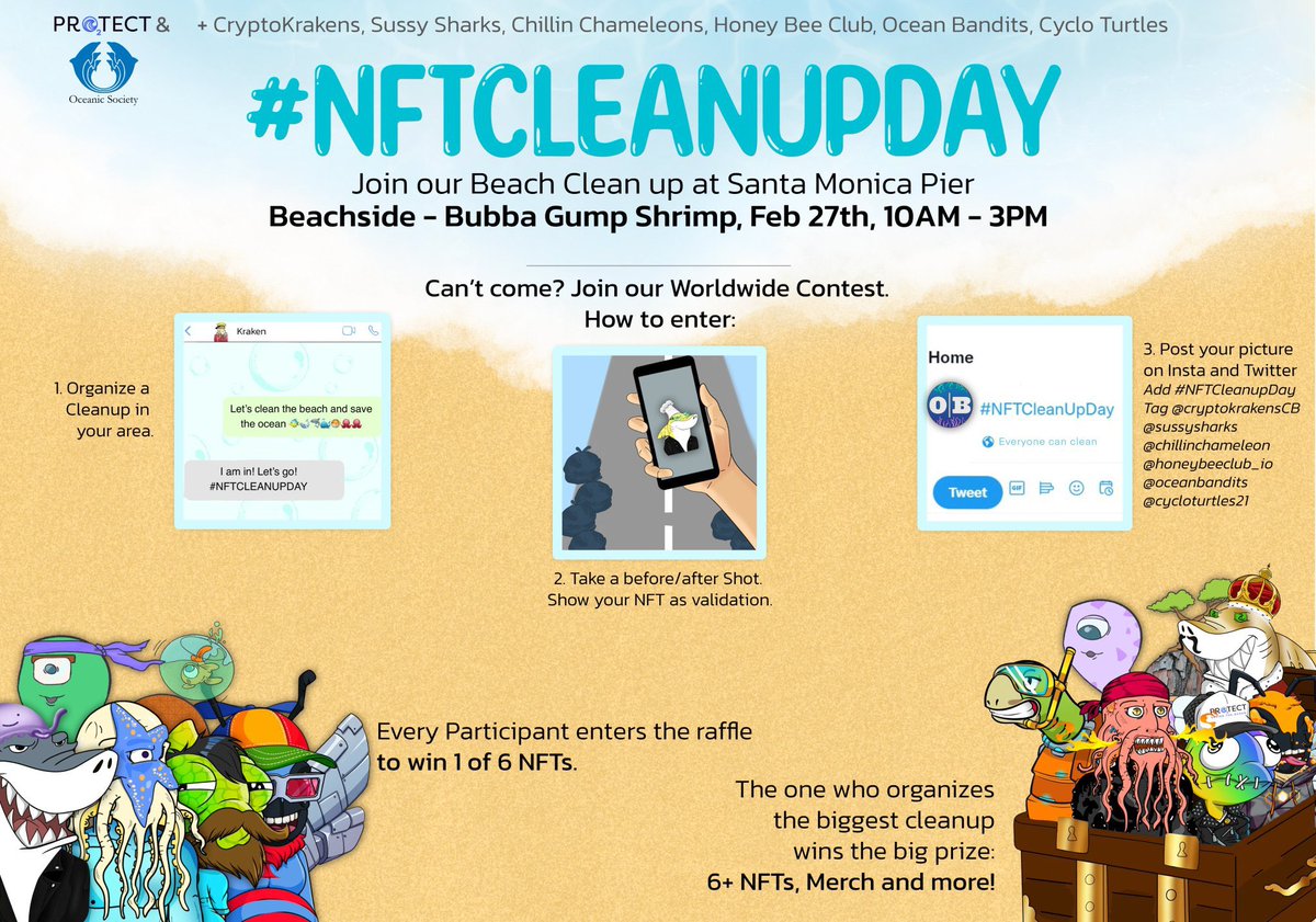 Todays the day!#NFTCleanUp Where?Santa Monica Pier! Starting at 10am finishing at 3 pm!  @CryptoKrakensCB Will be one of the many communities out there, giving their endless love and support to our seas!! Check out more details on their discord!#savetheseas #GreenChipNFT #NFT #NF