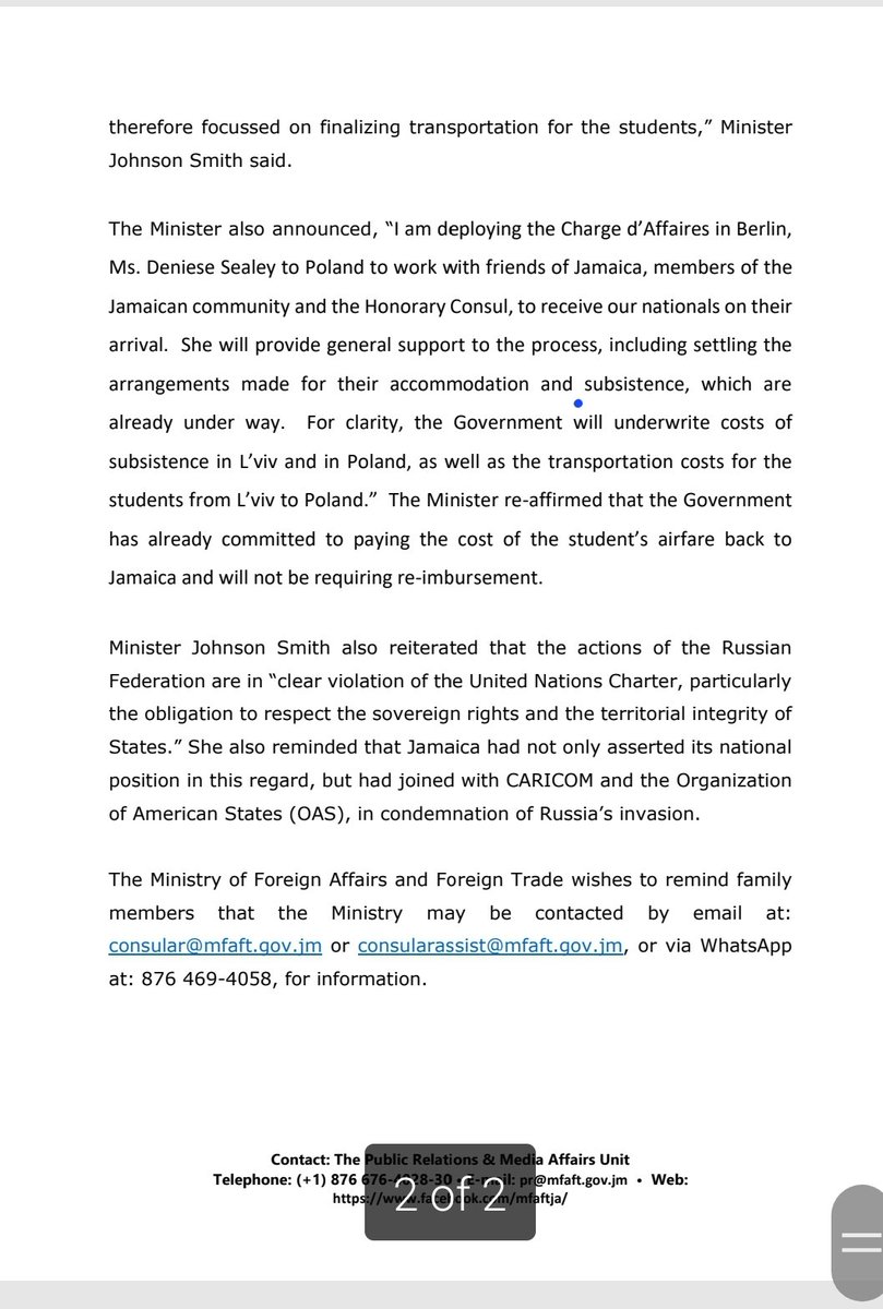 kaminajsmith's tweet photo. #Update6 Sharing Press Release from yesterday's @mfaftja briefing regarding our students in Ukraine and Jamaica's unequivical condemnation of the war. https://t.co/S9pKvOxngK