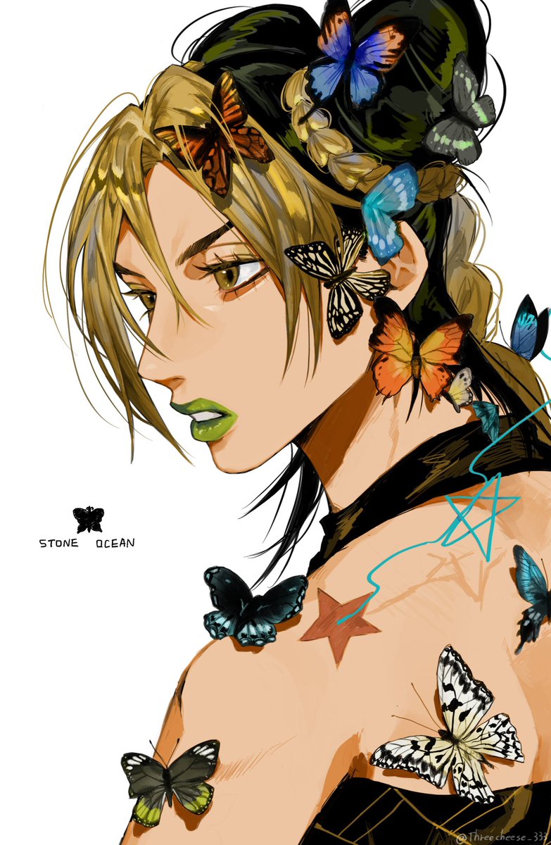kujo jolyne green lips 1girl joestar birthmark birthmark butterfly hair bun bug  illustration images