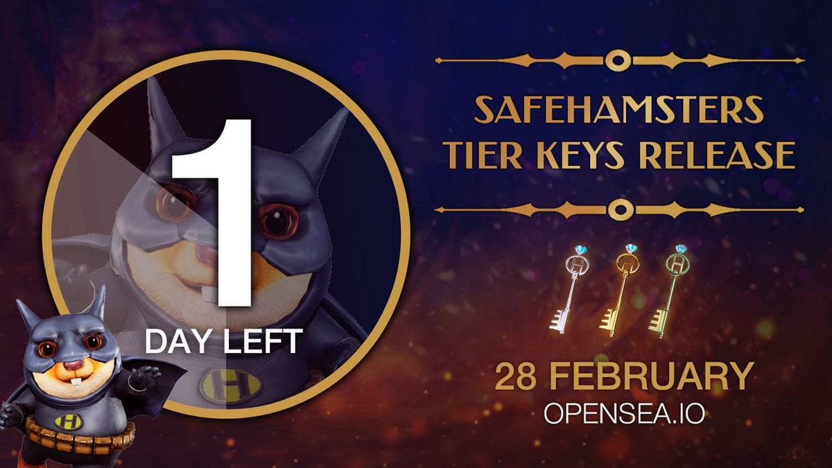👉Only 1 day remains before the SafeHamsters Tier Key Collection is released!

Today we will announce the price points for each key!
Don’t forget: crypto investors know the utility is much greater than the opening price.

🐹Be ready for this massive sale!💪

#nfts #crypto