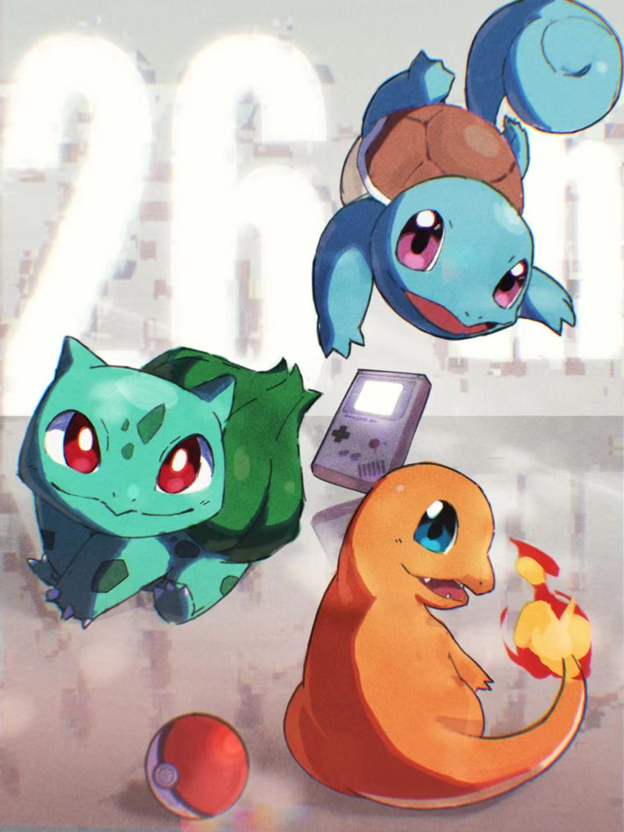 bulbasaur ,charmander ,squirtle no humans pokemon (creature) flame-tipped tail starter pokemon trio poke ball poke ball (basic) smile  illustration images