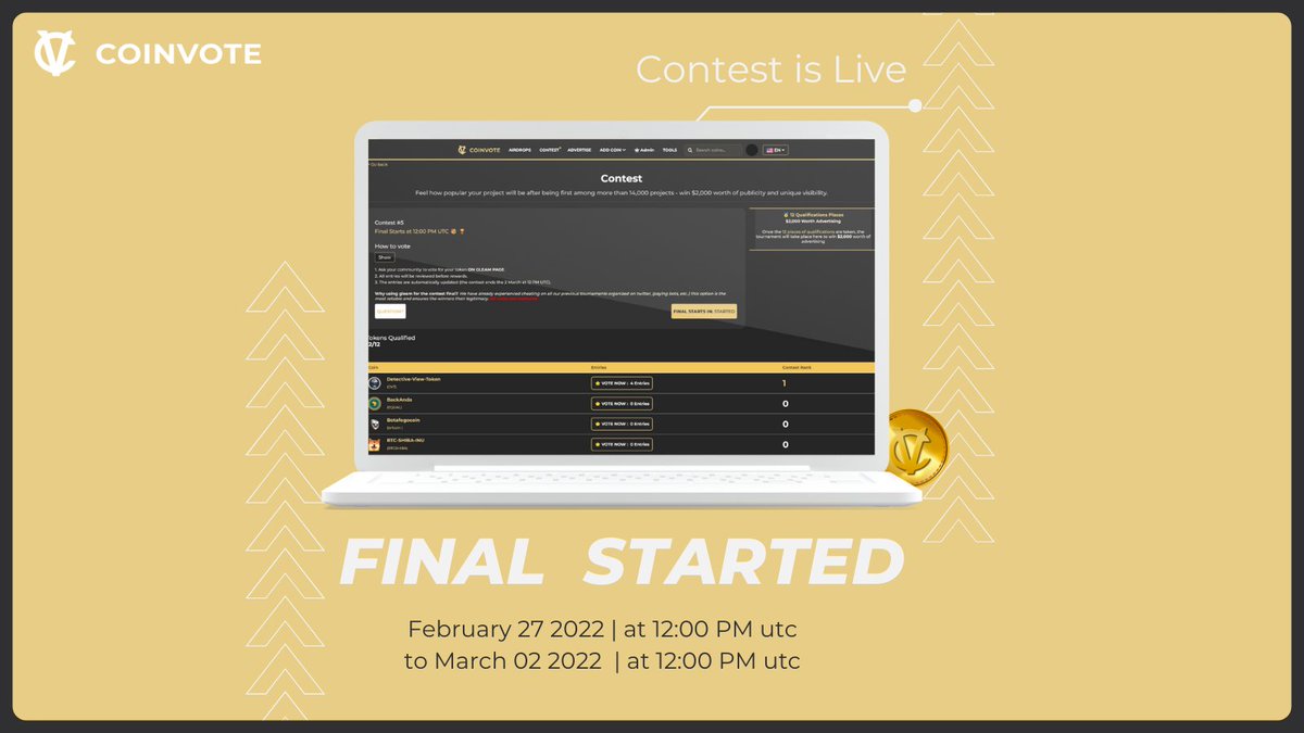 🔴Contest is Live 

Vote now for your project on 
➡️coinvote.cc/contest

🎁$2,000 to be won!

🎉Happy Voting!