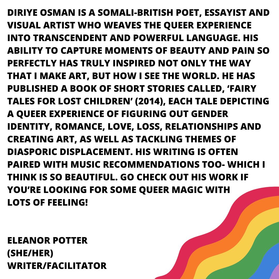 BogCreatives's tweet photo. To finish off LGBTQ+ History Month, we have Eleanor Potter (@eleanor_potterr) sharing her love and appreciation for Diriye Osman who is a Somali-British poet. Give it a read! https://t.co/MzuFa6HX7d