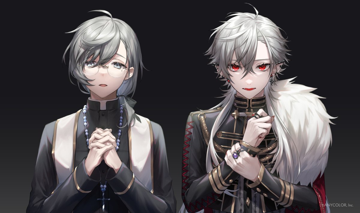 kuzuha (nijisanji) multiple boys 2boys male focus grey hair jewelry red eyes mole under eye  illustration images