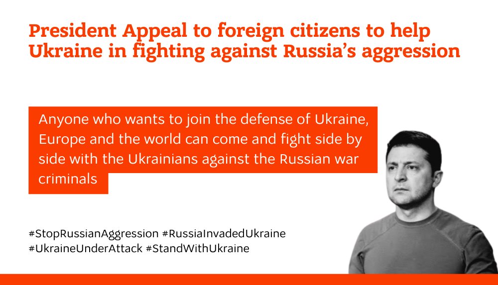 MFA of Ukraine 🇺🇦 (@mfa_ukraine) on Twitter photo 🇺🇦 President <a href="/ZelenskyyUa/">Volodymyr Zelenskyy / Володимир Зеленський</a> announced formation of a new unit — the International Legion of Territorial Defense of Ukraine. He appealed to foreigners who want to help #Ukraine to #StopRussianAggression 💪🏻
❗Details:
cutt.ly/AP42QnG
#StopRussianAggression
#StandWithUkraine 🇺🇦 President <a href="/ZelenskyyUa/">Volodymyr Zelenskyy / Володимир Зеленський</a> announced formation of a new unit — the International Legion of Territorial Defense of Ukraine. He appealed to foreigners who want to help #Ukraine to #StopRussianAggression 💪🏻
❗Details:
cutt.ly/AP42QnG
#StopRussianAggression
#StandWithUkraine