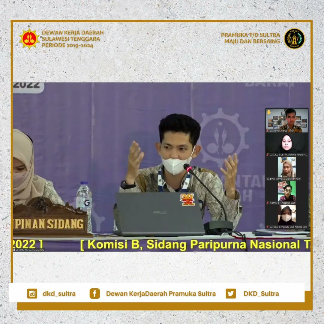 Dokumentasi Sidang Paripurna Nasional Tahun 2022
20 s.d 22 Februari 2022 

Diikuti Secara Luring oleh Ketua DKD Sultra di Jakarta &amp; secara Daring oleh Wakil Ketua DKD Sultra di Kendari.

#sidparnas2022
#dkdsultra
#kwardasultra
#gerakanpramuka
#Majubersaing