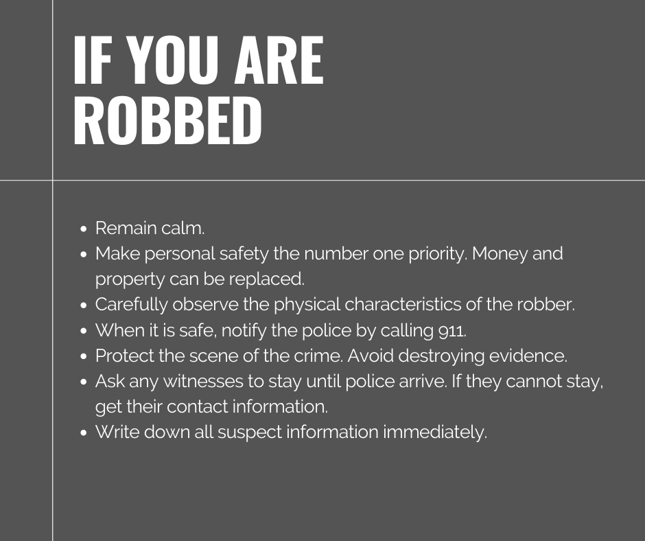UCPublicSafety's tweet photo. Take a minute today to learn some easy robbery prevention tips, and what to do if you are robbed ⬇️  #BeSafeUC https://t.co/DvulRZoZ7s