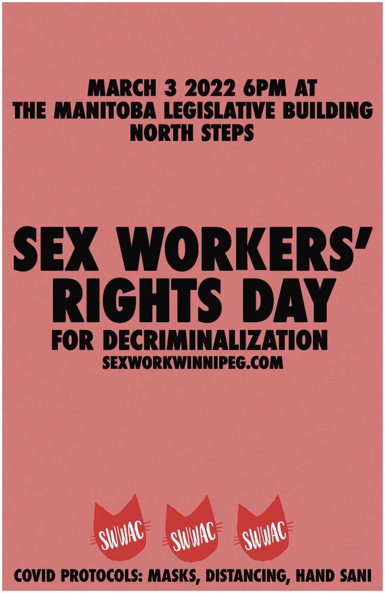 Join us on Thursday for our March 3rd event for International Sex Workers’ Rights Day, for the decriminalization of our work! 
We meet at 6pm on the North steps of the Legislative Building.
tinyurl.com/2p8zntsn
#sexworkersrightsday #sexworkiswork