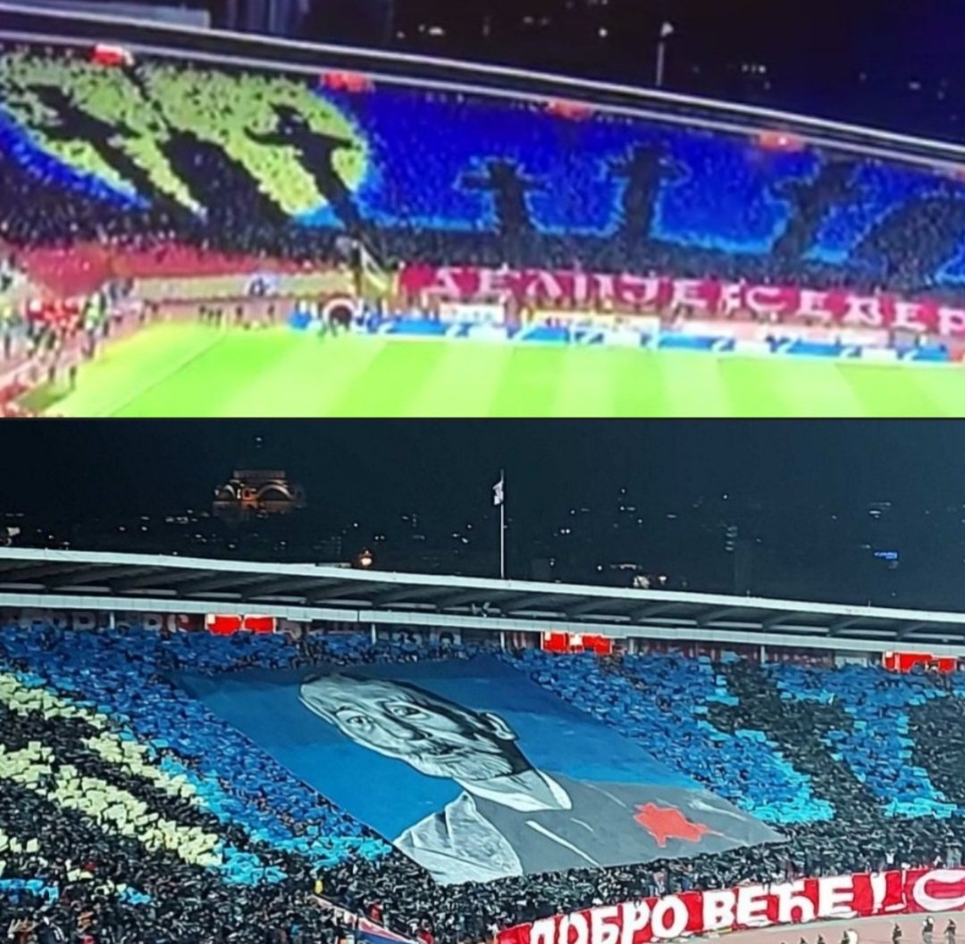 nevena227's tweet photo. Ne palite se bezveze! Koreografija Zvezdinih navijača prikazuje scenu iz Maratonaca, noću, na groblju, kad se pojavi deda i kaže "Dobro veče", a grobari se razbeže (kontaš simboliku?). Nema veze sa Ukrajinom!🤦‍♀️ https://t.co/GSiNy8cCrJ