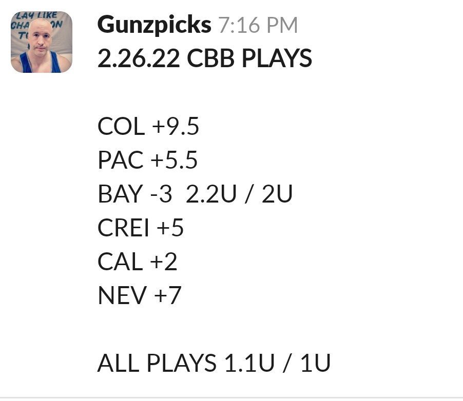 GunzPicks's tweet photo. 💥2.26.22 CBB RECAP💥

EARLY:  5-3-1 +1.7U👍
AFTERNOON:  3-2 +.8U👍
LATE AFT:  4-2  +2.8U👍
EVENING:  3-3 +.7U👍
LATE: 2-3 -1.3U👎
TOTAL:  17-13-1 +4.7U DAY🤑
 FOR @GPOLOCK_VIP 

FULL CARD LOADED UP IN #GPOLOCK.  DM ME TO SIGNUP

#handicapper #cbbpicks #cbb #gamble https://t.co/jOqNqM1avQ