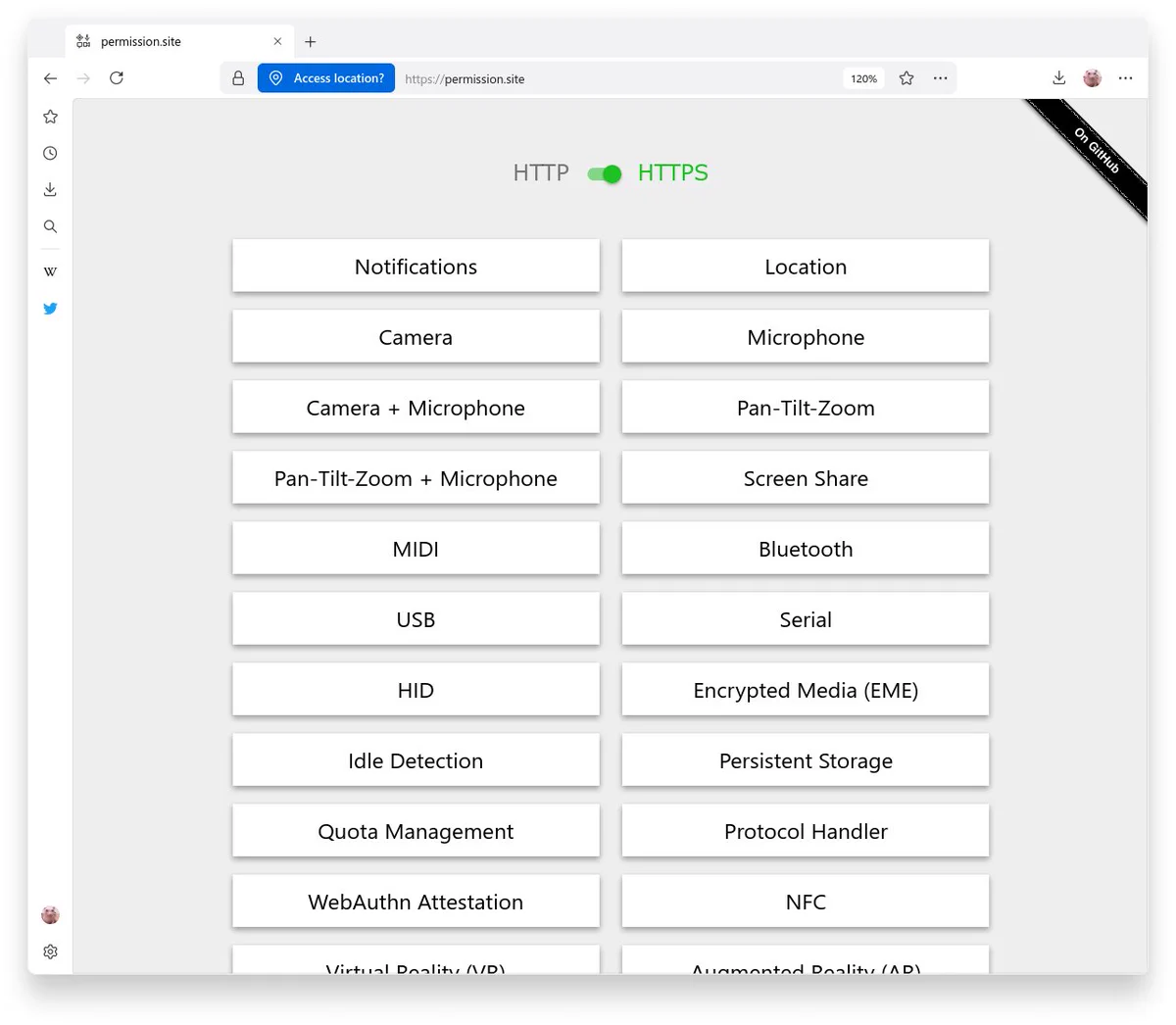 A picture of Dot Browser with the permission.site page open. On the left, a sidebar with bookmarks, history, downloads, search, Wikipedia, Twitter,  profile and settings icons. On the top, a tabbar and a navigation bar containing back, forward, reload, a padlock, permission prompt, URL bar, zoom level, bookmarks.