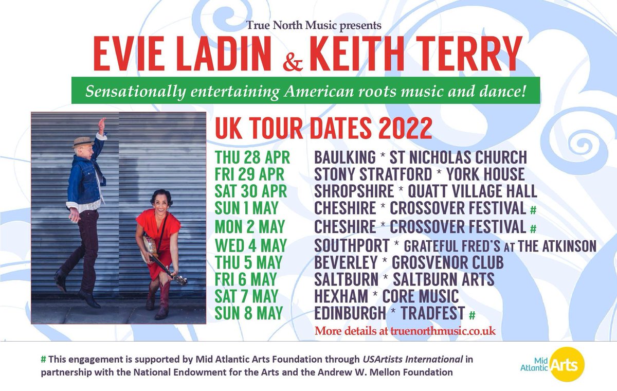 TrueNorthGigs's tweet image. Delighted to announce UK tour dates for sensational California folk-roots &amp;amp; body percussion duo @EvieLadin &amp;amp; #KeithTerry Link in comments for more info. Evie &amp;amp; Keith perform a mesmerising blend of Appalachian roots music &amp;amp; dance. #banjo #bodymusic
With thanks to @MidAtlanticArts