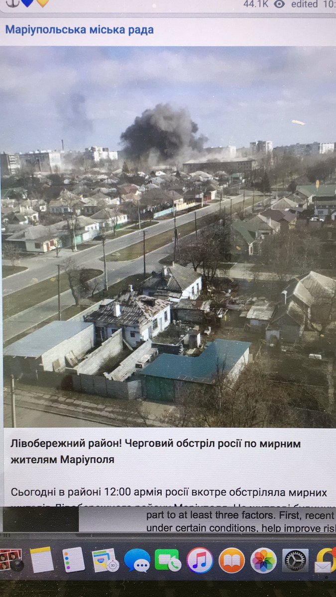 More shelling in Mariupol. Just spoke with my mom. She said goodbye. Her part of town has been evacuated, but she is staying. She said: My life started in poverty and it ends in war. Enjoy peace. Love you all!