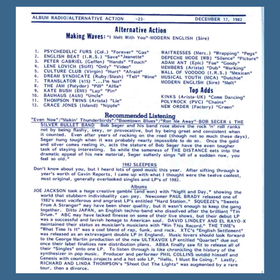 35000watts's tweet photo. The #PsychedelicFurs were number one on the #GavinReport #AlternativeChart this week back in 1982 & 1987.
#collegeradio #collegeradiostation #alternativemusic #80smusic #topofthecharts #indiemusic
Check out the full issue here: https://t.co/XkUmJuA6cM https://t.co/6WnwmwQIRC