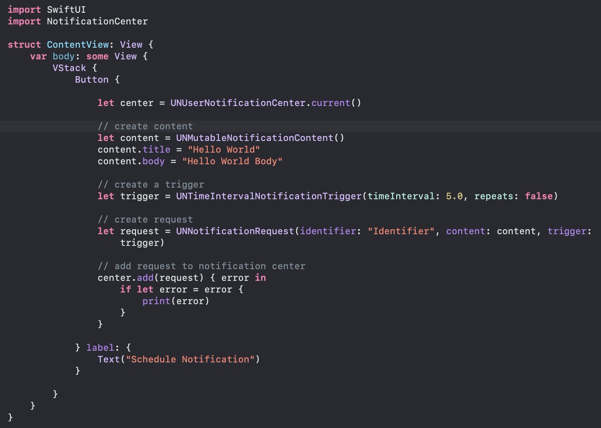 azamsharp's tweet photo. Sending a simple local notification in iOS using SwiftUI app. 

#iosdev https://t.co/E7x5BTOJKL