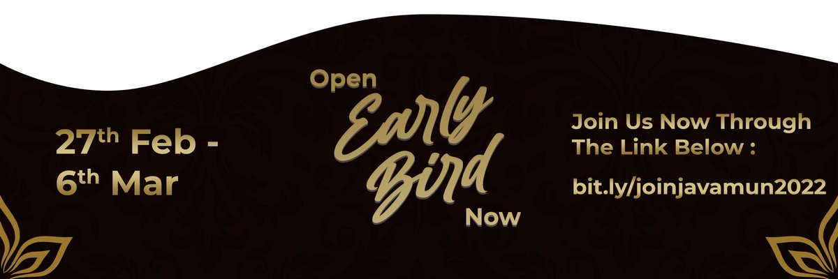 Good evening, delegates ✨

We have officially opened the early bird registration of JAVA MUN 2022!
This year we are proudly present you with the theme:"Recovering For a Bright Future Through G20 Global Cooperation"

With three committees that will include:
-UNEP-OIC-WHO