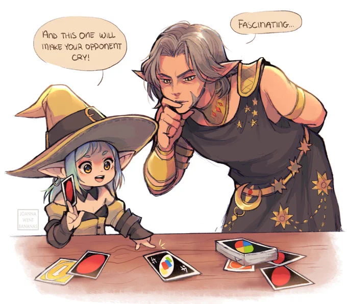 My WoL - Hilda - shows Urianger the magic of UNO. Two little card nerds 💛
#FFXIV #FFXIVART #FF14 