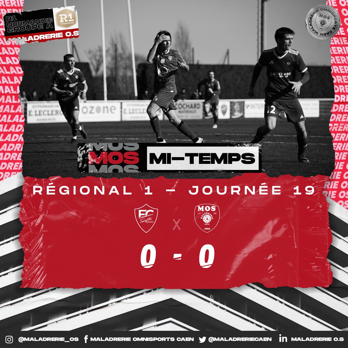 MaladrerieCaen's tweet photo. 45’
C’est la mi-temps à Saint-Lô ! ⏱
Score nul et vierge pour le moment, plutôt logique au vue de la physionomie ☺️
45 minutes pour aller chercher la victoire 💪
#FCSLMOS 0-0 #R1Normandie https://t.co/ZbNsWr9sPn