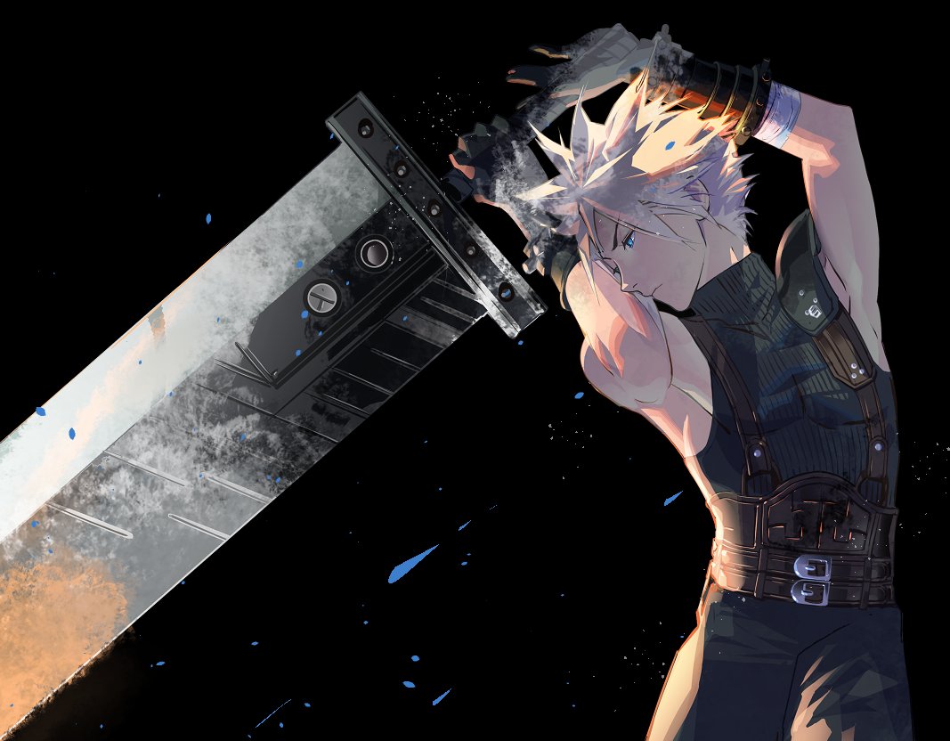 cloud strife 1boy male focus weapon buster sword spiked hair gloves solo  illustration images
