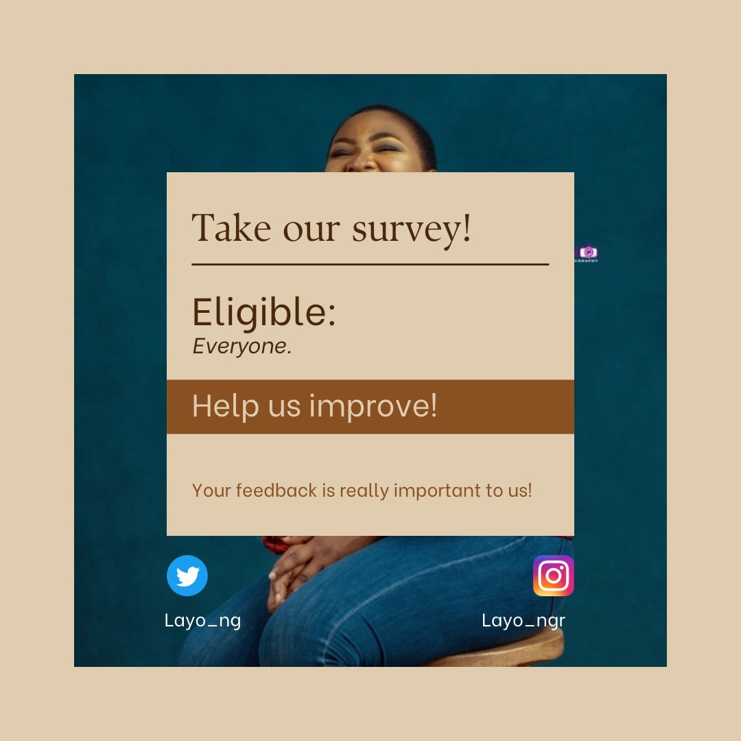 Layo_ng's tweet photo. L'ayo is an online marketplace platform focused on Nigerian Fashion. We are conducting a market survey and we would love it if you'd help us fill it. 
It doesn't take any more than 3 minutes and it would really help us to serve you better as a business. 
Here's the link. 👇🏼👇🏼 https://t.co/KPKVGTKAX4