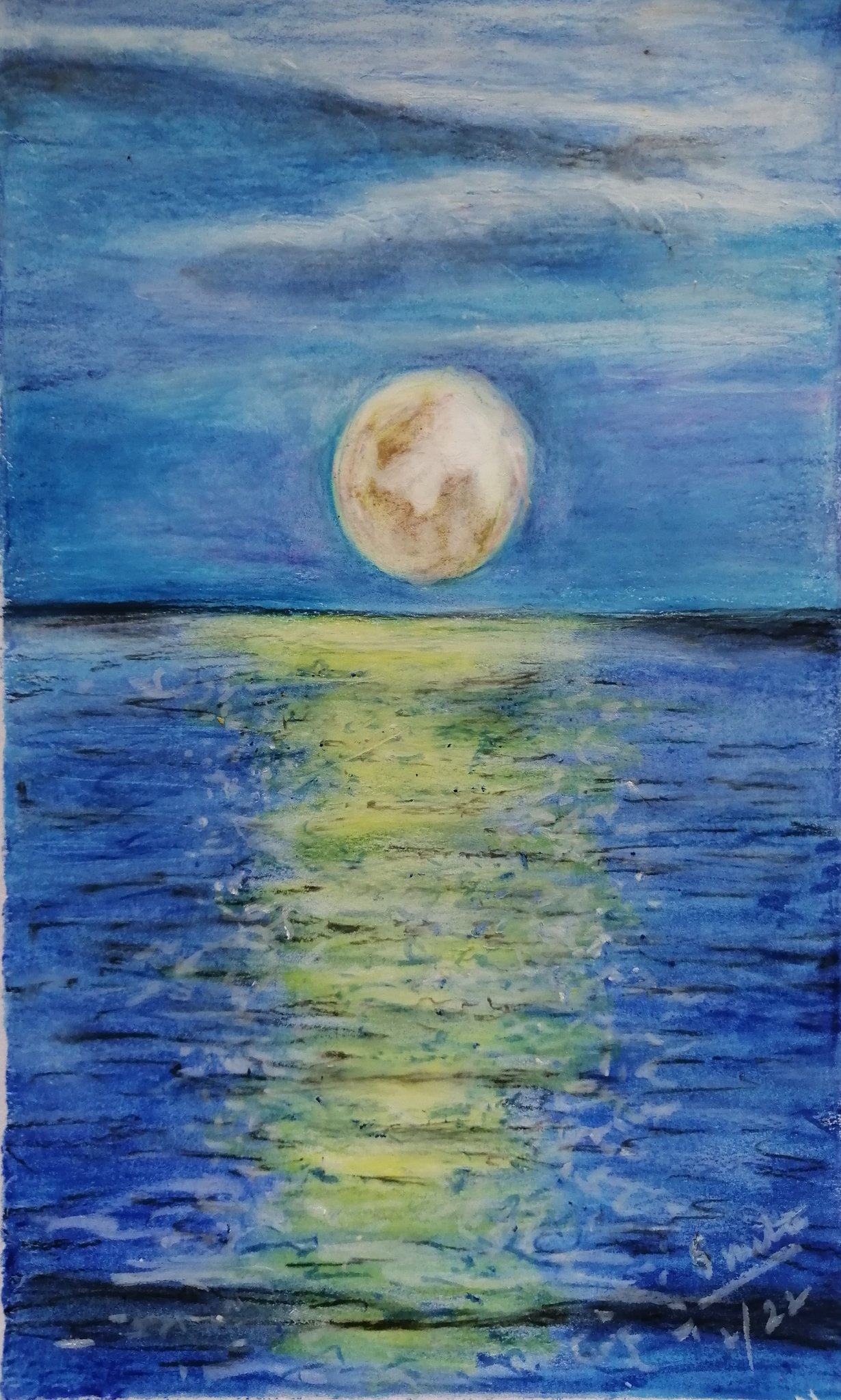Smita Srivastav The Moon Was So Beautiful That The Ocean Held Up A Mirror Ani Difranco Made A Painting After A Long Time What A Relaxing Feeling Oilpastels Painting Paintingoftheday Sea Moon