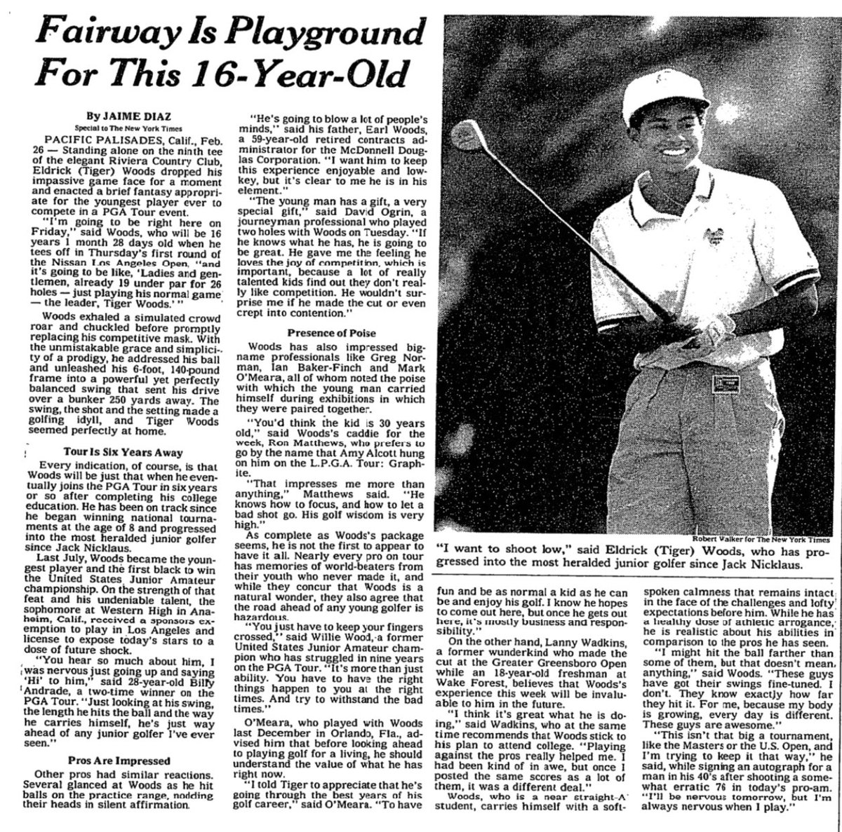 On this day in 1992, Tiger Woods,16, became the youngest player ever to compete in a PGA Tour event. nyti.ms/3sVlFwZ