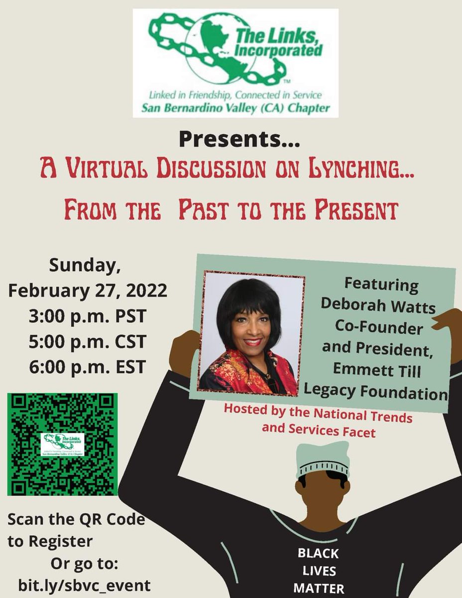Join our Co-Founder and cousin of #EmmettTill; <a href="/DeborahWattz/">Deborah Watts</a>, TODAY, along with The <a href="/SBVCLinks/">SBVCLinks</a> for a powerful virtual session.. History of "#Lynching ... from the Past to the Present".

Please register in advance.

#BHM  #HR55   #AntilynchingAct #VotingRights 
#Vote #DeborahWatts