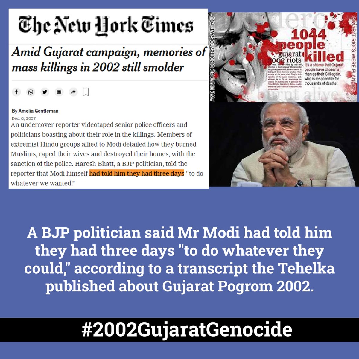 NaseemFathima14's tweet photo. Genocidal Radicalization is the process by which the majority is mobilized to unleash brutal violence against Muslims. In Gujarat, this was done by the false accusations against the community that served as the trigger to initiate pogrom. #2002GujaratGenocide https://t.co/RgpGe8OzPG