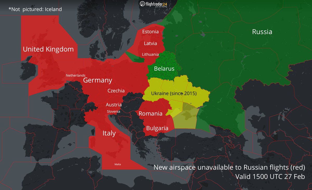 Current published NOTAMs regarding prohibitions on Russian flights — adding Netherlands as of 1500 UTC. 

Maltese ban takes effect tomorrow, 28 Feb 1200 UTC. flightradar24.com/blog/ukraine-a…