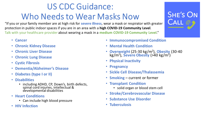 DrSujanaENT's tweet photo. We're on hiatus at @ShesOnCall but @marinakurian @sree @RoseHorowitz31 @julialweeks @vandana_menon @KEVALRAMANATHAN & I urge you all to #StaySafeStayHealthy . #maskswork #VaccinesWork #boosterswork. Here's the @CDCgov guidance on wearing masks. Think local spread AND your status. https://t.co/1lLWPFgGm4