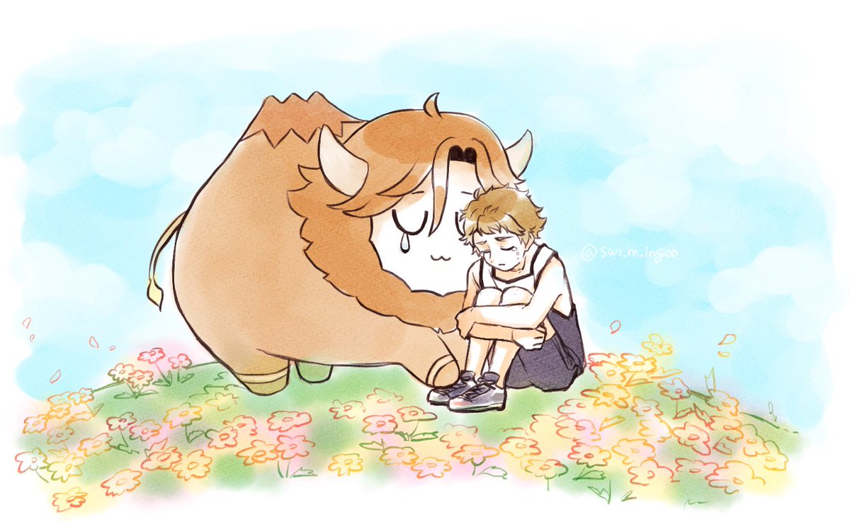 flower male focus hugging own legs closed eyes crying 1boy sitting  illustration images