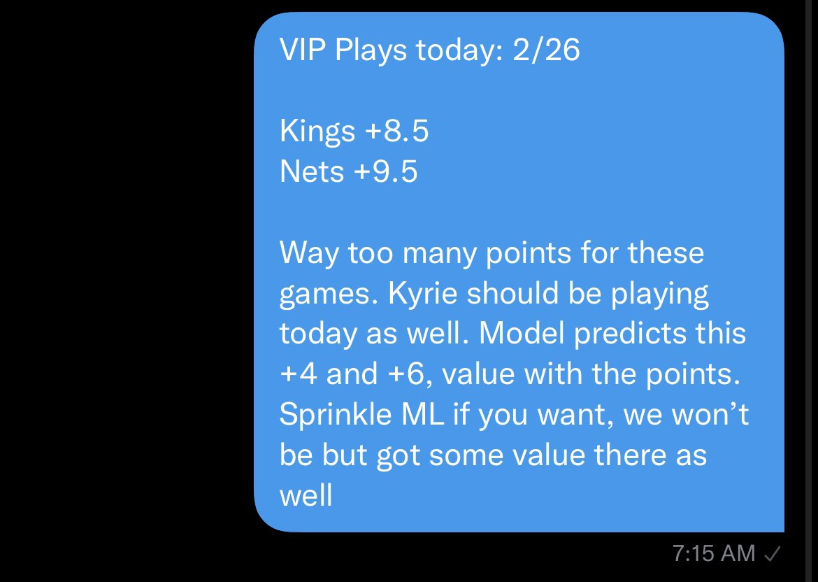 picks_gg's tweet photo. VIP goes 2-0 +2.0U Yesterday! 

Nets +9.5✅
Kings +8.5✅

‘22 YTD: 27-12 +14.9U💵💰

Free picks today? 

DM TO JOIN VIP🤑🤑
#gamblingtwitter #FreePicks #bettingtwitter #bettingpicks https://t.co/mbyAdFRmAq