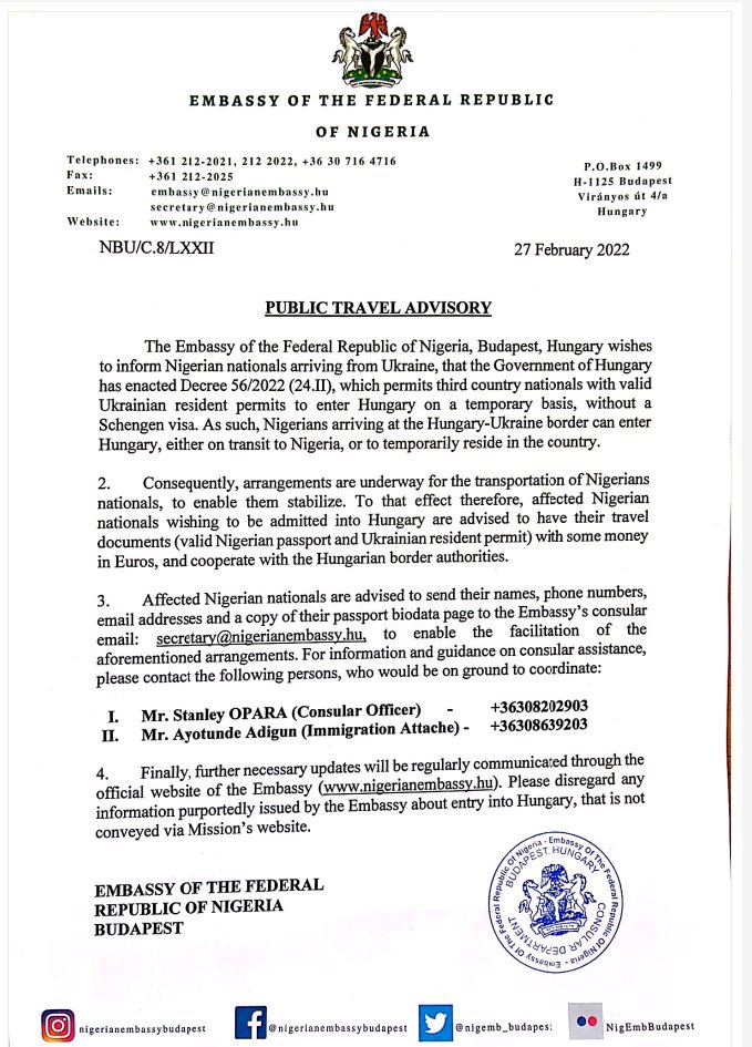 nidcom_gov's tweet photo. UPDATE:
PUBLIC TRAVEL ADVISORY 27/02/2022.

@NigeriaGov @ProfOsinbajo @abikedabiri @APCUKingdom 

#Ukraine #Ukranian #UkraineRussiaWar #UkraineCrisis #NigeriansInUkraine https://t.co/x1iX3qAOo2