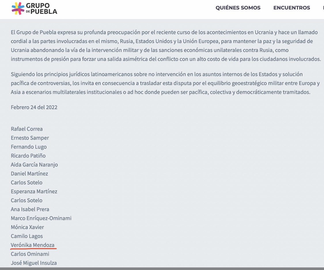 Carlos_Bruce's tweet photo. Comunicado del Grupo de Puebla instando a abandonar las sanciones a Rusia por su intervención militar contra Ucrania. La izquierda peruana representada por Verónica Mendoza firma este documento. ¿Que les parece? https://t.co/QcMn4OPPNE