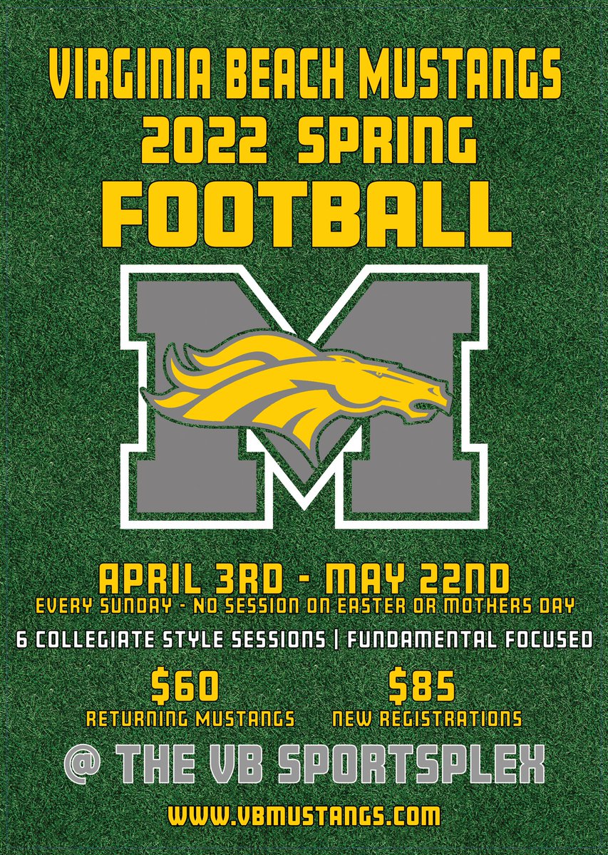 VBMustangs's tweet photo. CORRECTION: We will not be having sessions on Mother’s Day as well
as Easter Day. So the final session will be on 5/22 not 
5/15. Registration forms 
available by tomorrow.
#mustangsfootball #dontsingit #justbringit #football 
#mustangs #mustangsfootball #dontsingit #justbringit https://t.co/uV2MyC0sOn