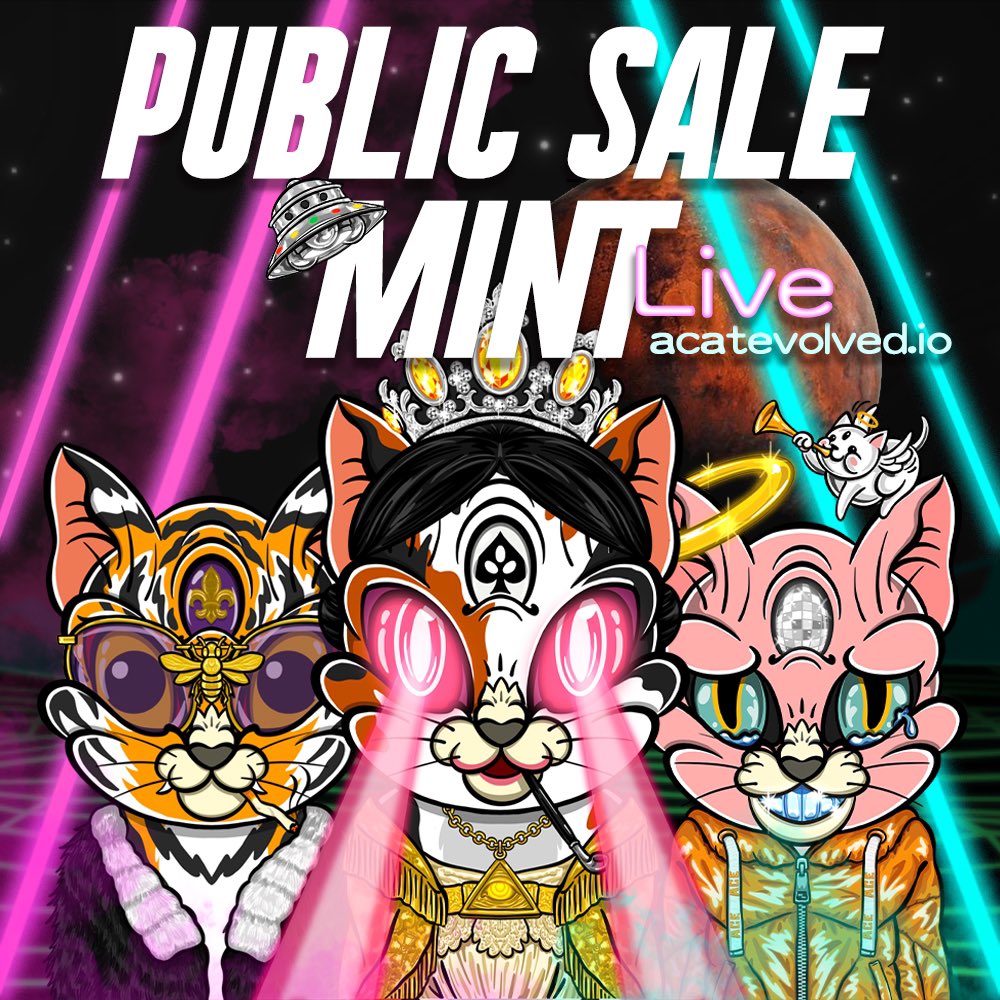 acatevolved's tweet photo. 📣Attention all ACE Fam📣

The Public Sale Mint is now LIVE 🚀

Please head to our OFFICIAL WEBSITE to mint your ACEs!

🔗Links in BIO🔗

Our ACEs are ready to journey into the Cataverse with their respective owners 🐱

We will see you in the Cataverse and #RACE4ACE #nft #art https://t.co/gCSLGaDVgk