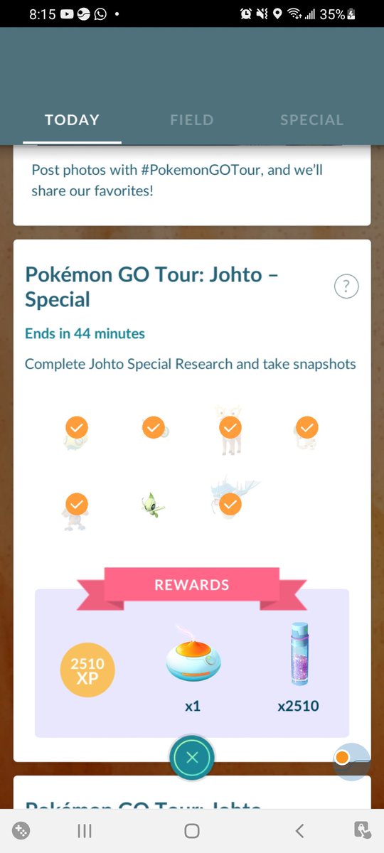 JackiMiller's tweet photo. @NianticHelp It's too late. I didn't get to finish the research to get my collection badge in time. And I didn't get the special move celebi. 
The screen shot shows I earned 2 hearts walking with my buddy meaning I walked 2kms &amp; 2 candys and on my way to get a 3rd heart https://t.co/DmJuPx7wgt
