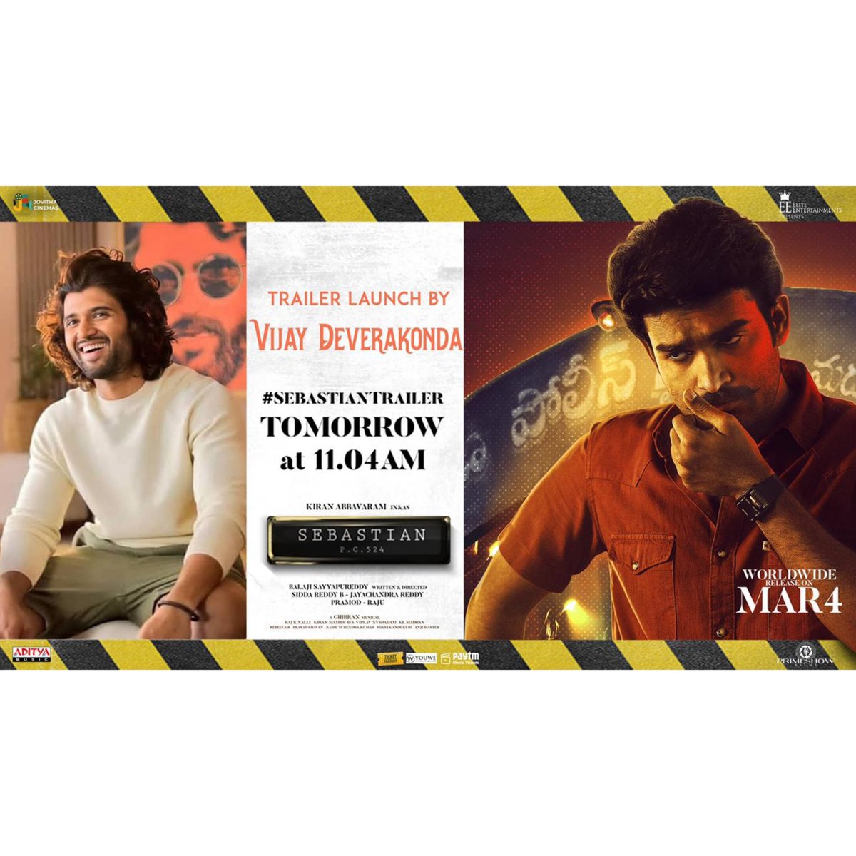 Let The Fun Begin!💥

LIGER <a href="/TheDeverakonda/">Vijay Deverakonda</a> To Launch #SebastianTrailer Tomorrow @ 11:04AM :) 🔥

#SebastianPC524  #SebaFromMar4 

<a href="/Kiran_Abbavaram/">Kiran Abbavaram</a> 
#Nuveksha 
<a href="/komaleeprasad/">Komalee Prasad</a> 
<a href="/balu_Tatwamasi/">sayyapureddybalaji</a> 
<a href="/AsrinReddy/">Asrin Reddy</a> 
<a href="/Niran_Reddy/">Niranjan Reddy</a> 
<a href="/amrajknalli/">raj</a> 
<a href="/editorviplav/">Viplav Nyshadam</a> 
@buduggadu 
@GhibranOfficial