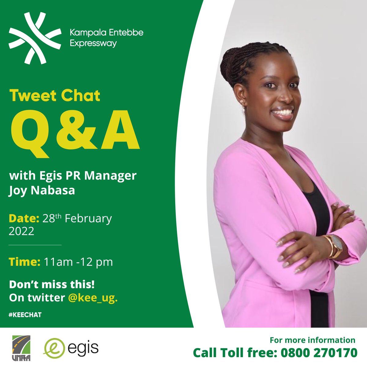KEE_UG's tweet photo. Attention! 🔊 Join us tomorrow for the first ever tweet chat of the Kampala-Entebbe Expressway. Have all your questions answered by @JoyNabasa Egis Road Operation Uganda PR Manager. Share your questions and suggestion via DM or here. #KEECHAT #KEEUG https://t.co/Akx89C8aTp