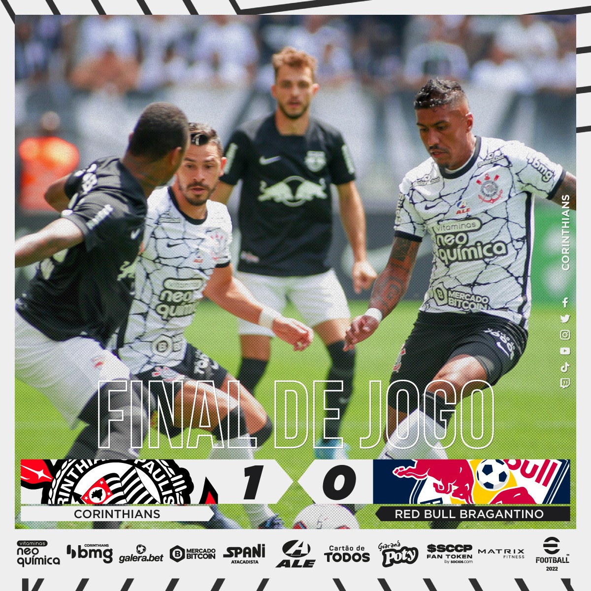 Corinthians's tweet photo. FIM DE JOGO NA @NEOQUIMICAARENA!! 😎

Corinthians vence o Red Bull Bragantino por 1 a 0 pelo Paulistão!! 🖤

⚽ Gustavo Silva

#VitóriaProVP
#DiaDeCorinthians
#VaiCorinthians https://t.co/RtlrX3gPJm