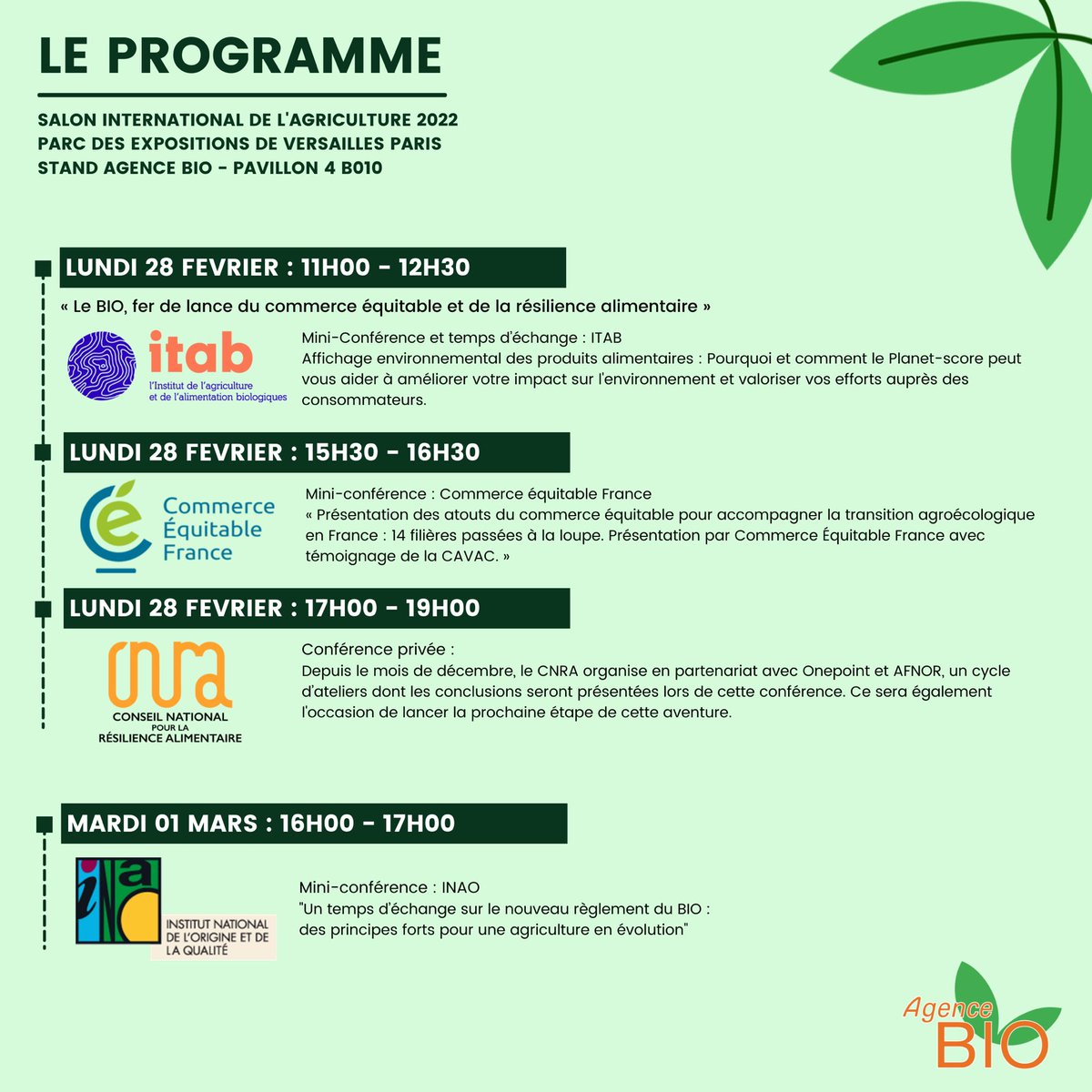 agence_bio's tweet photo. L’agence Bio s’expose au Salon de L’Agriculture : l’édition des retrouvailles !
#SIA2022 #SIABIO2022 #SIABIO
Retrouvez nous à l’entrée du HALL 4.
Voici le programme de la semaine : 🌿🌿 https://t.co/kj1NJAmVi9