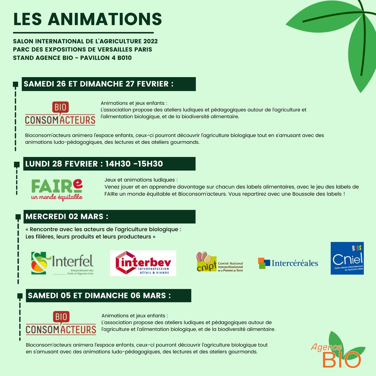 agence_bio's tweet photo. L’agence Bio s’expose au Salon de L’Agriculture : l’édition des retrouvailles !
#SIA2022 #SIABIO2022 #SIABIO
Retrouvez nous à l’entrée du HALL 4.
Voici le programme de la semaine : 🌿🌿 https://t.co/kj1NJAmVi9